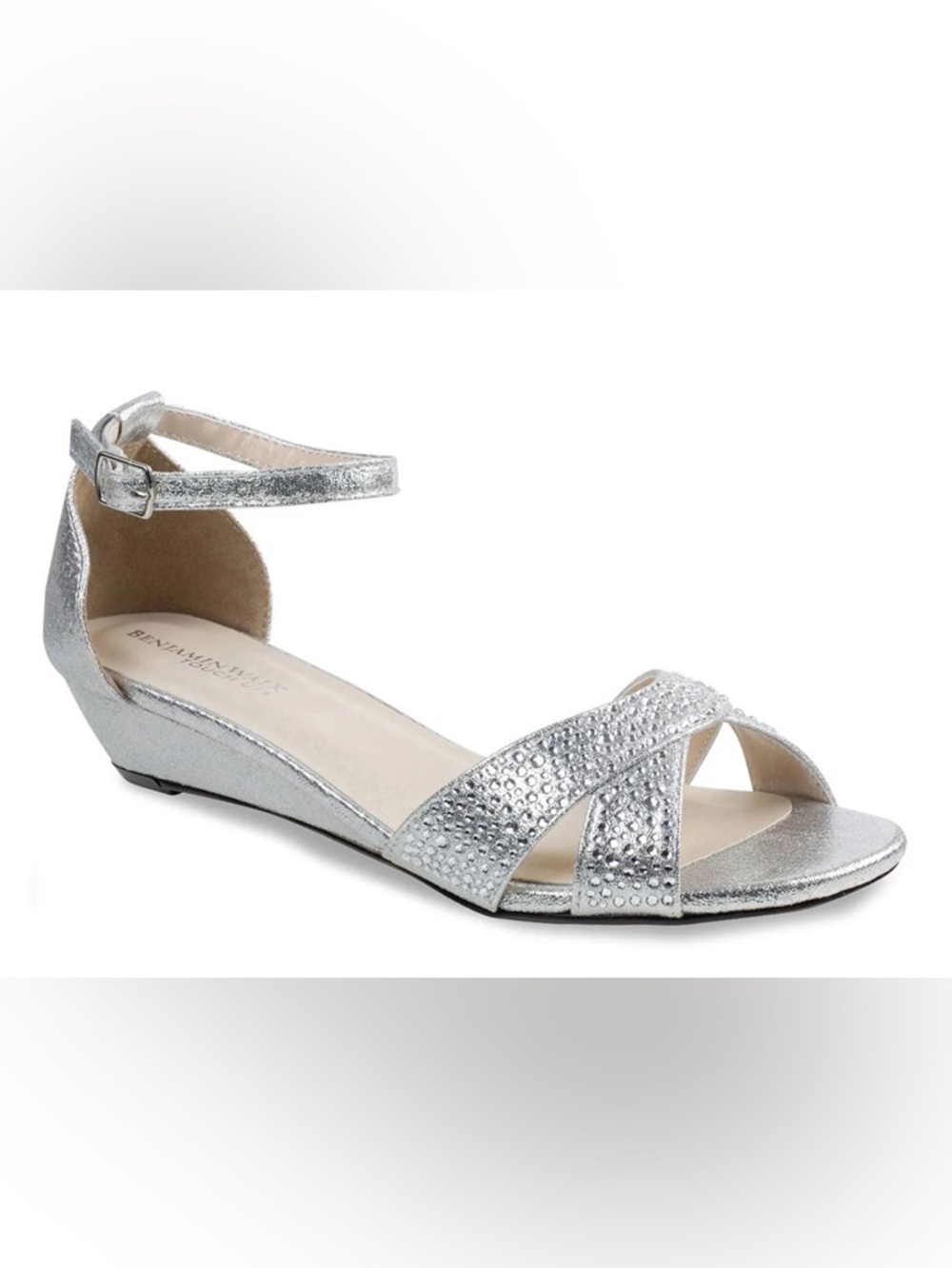 Benjamin Walk Silver Crystal-Studded Ankle-Strap Wedge Sandals